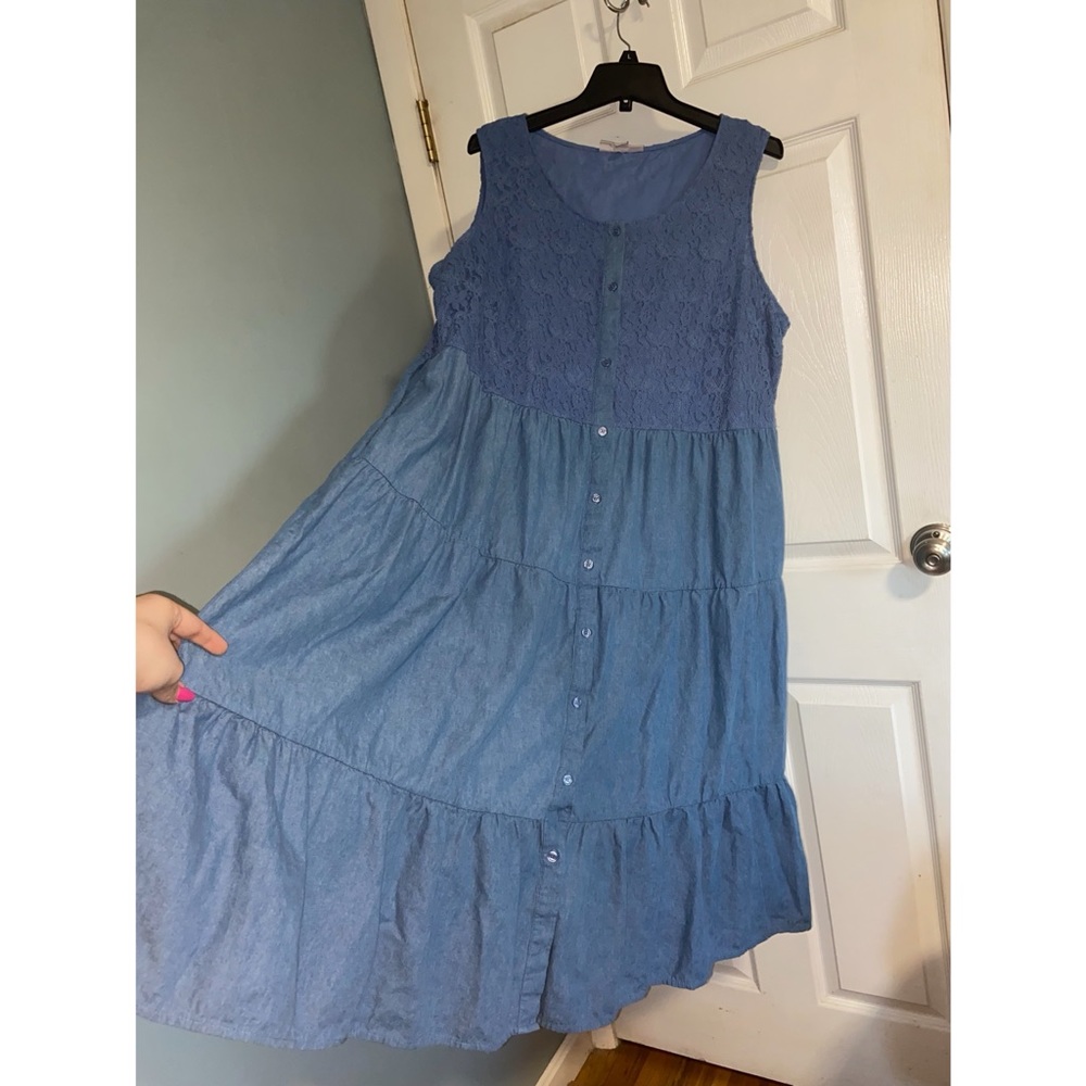Denim Lace Bib Dress Blue Colored Plus Size 22W